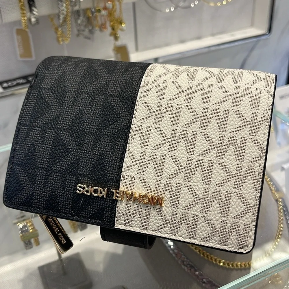 Michael Kors Jet Set Medium Two-Tone Logo Wallet BLACK COMBO NWT